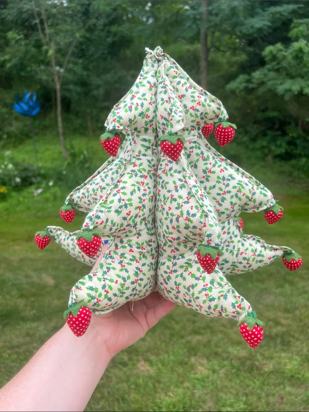 Vintage Kitsch 3D Stuffed Holly Berry Fabric Christmas Tree with Strawberries